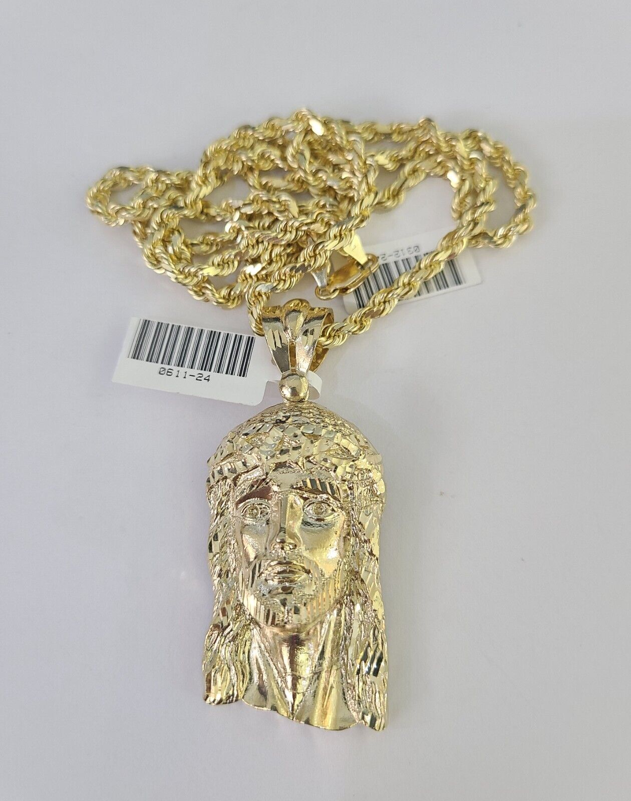10k Solid Rope Chain Jesus Head Charm Set 4mm 20" - 28" Necklace Gold Yellow - GoldenlinQ