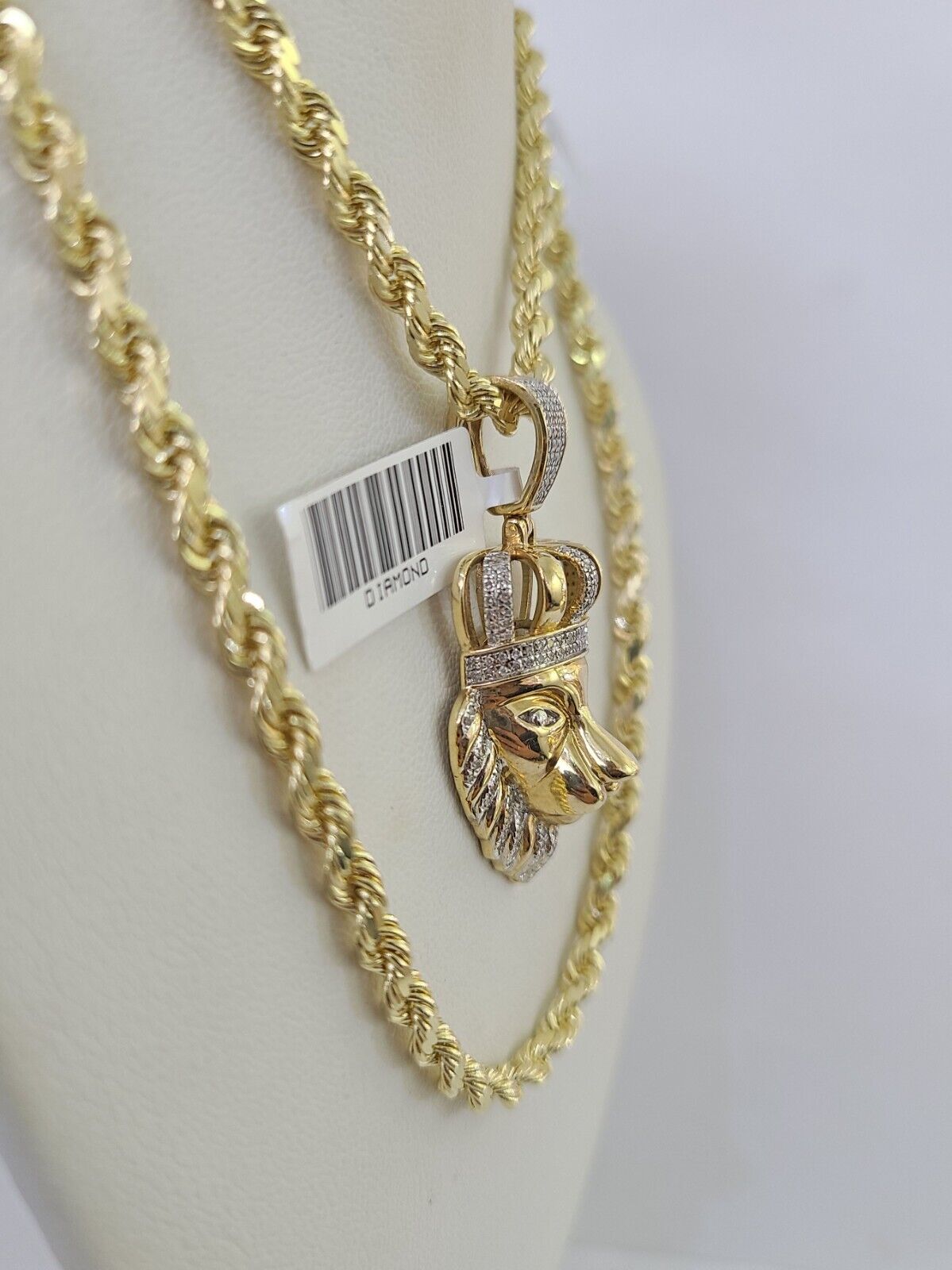10k Solid Rope Chain Lion Charm Diamond Set 4mm 20" - 28" Necklace Gold Yellow - GoldenlinQ