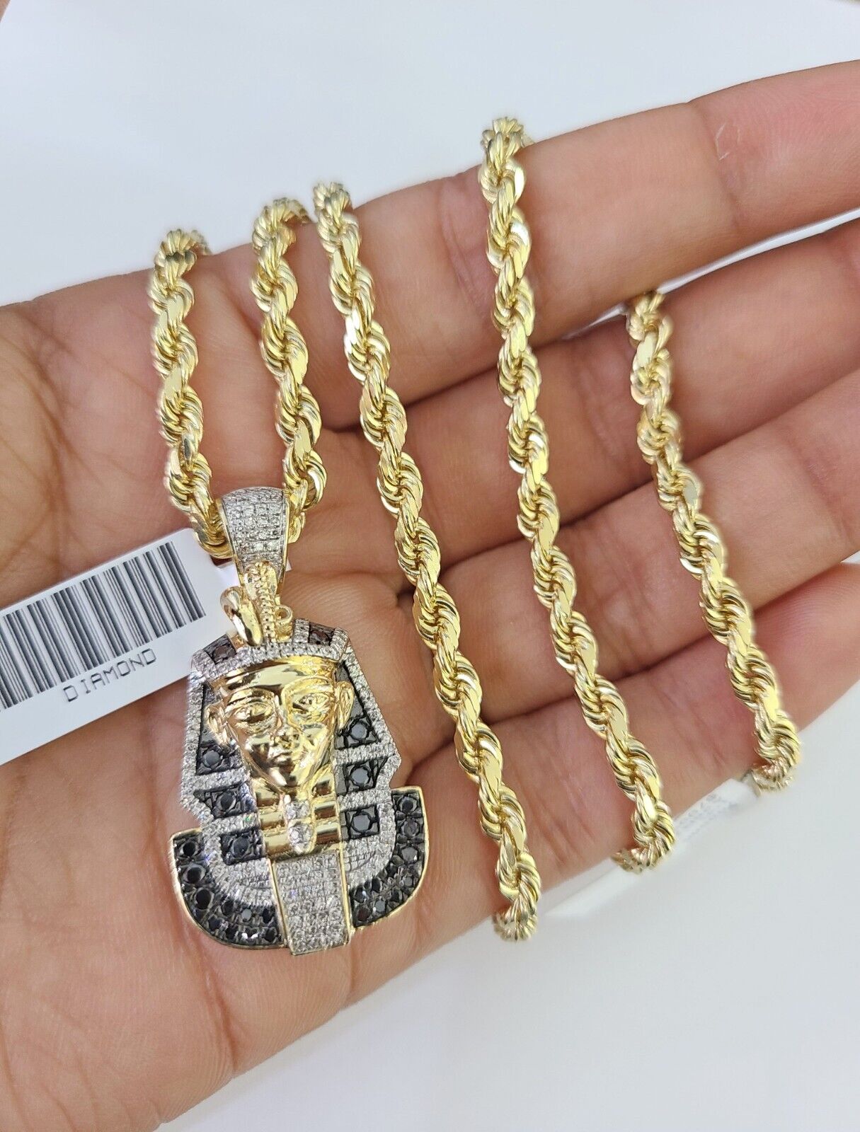 10k Solid Rope Chain Pharaoh Charm Diamond Set 4mm 20" - 28" Necklace Gold Yellow - GoldenlinQ