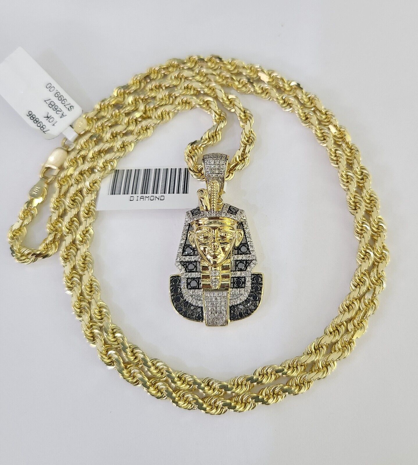 10k Solid Rope Chain Pharaoh Charm Diamond Set 4mm 20" - 28" Necklace Gold Yellow - GoldenlinQ