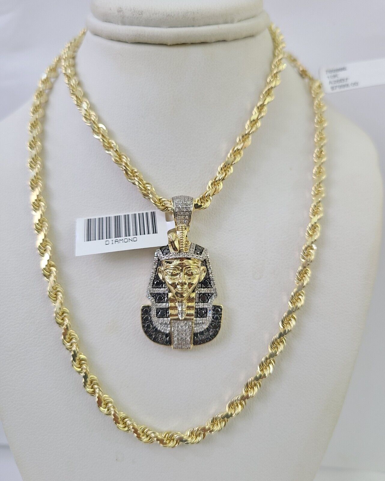 10k Solid Rope Chain Pharaoh Charm Diamond Set 4mm 20" - 28" Necklace Gold Yellow - GoldenlinQ