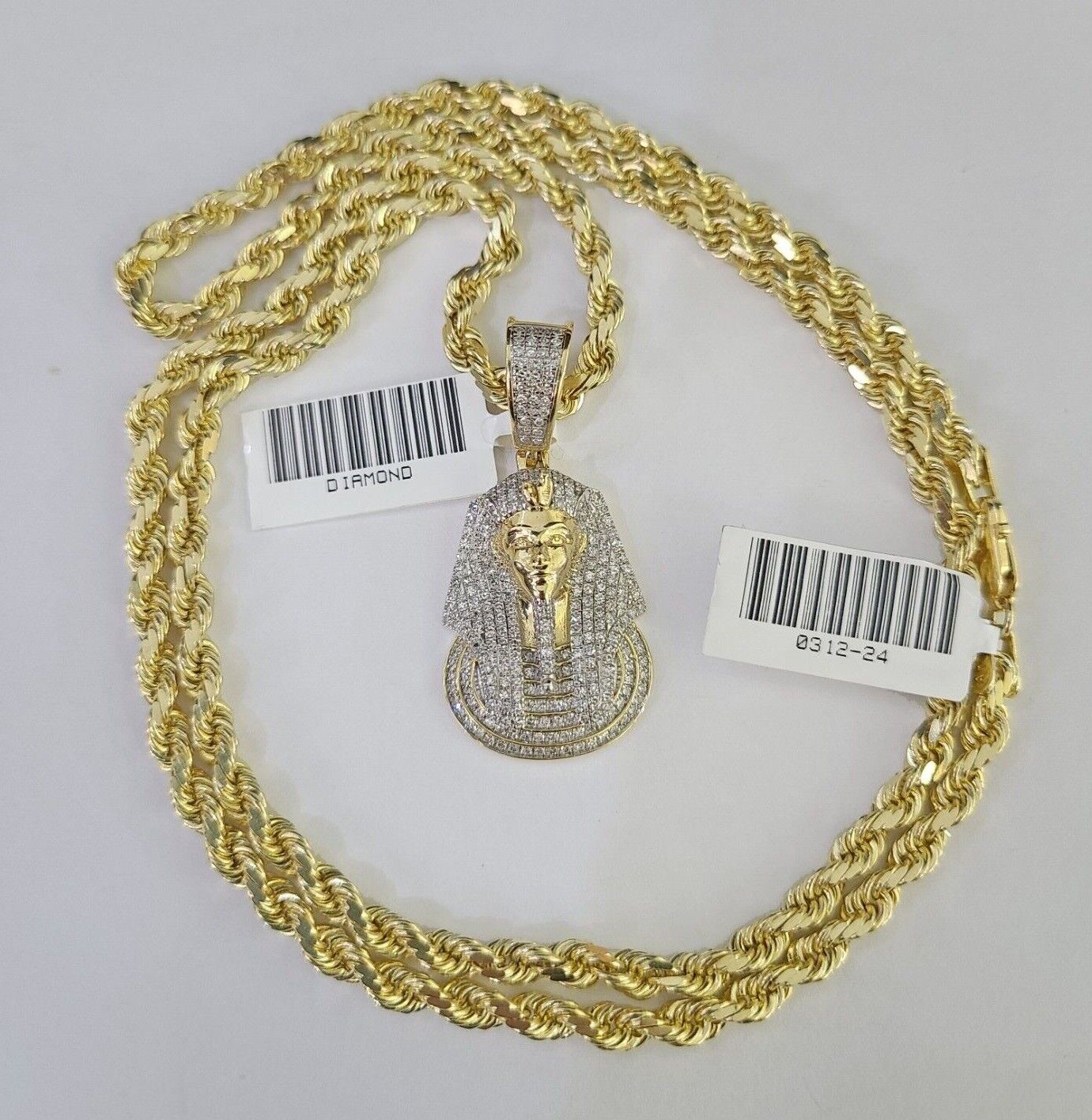 10k Solid Rope Chain Pharaoh Charm Diamond Set 4mm 20" - 28" Necklace Gold Yellow - GoldenlinQ