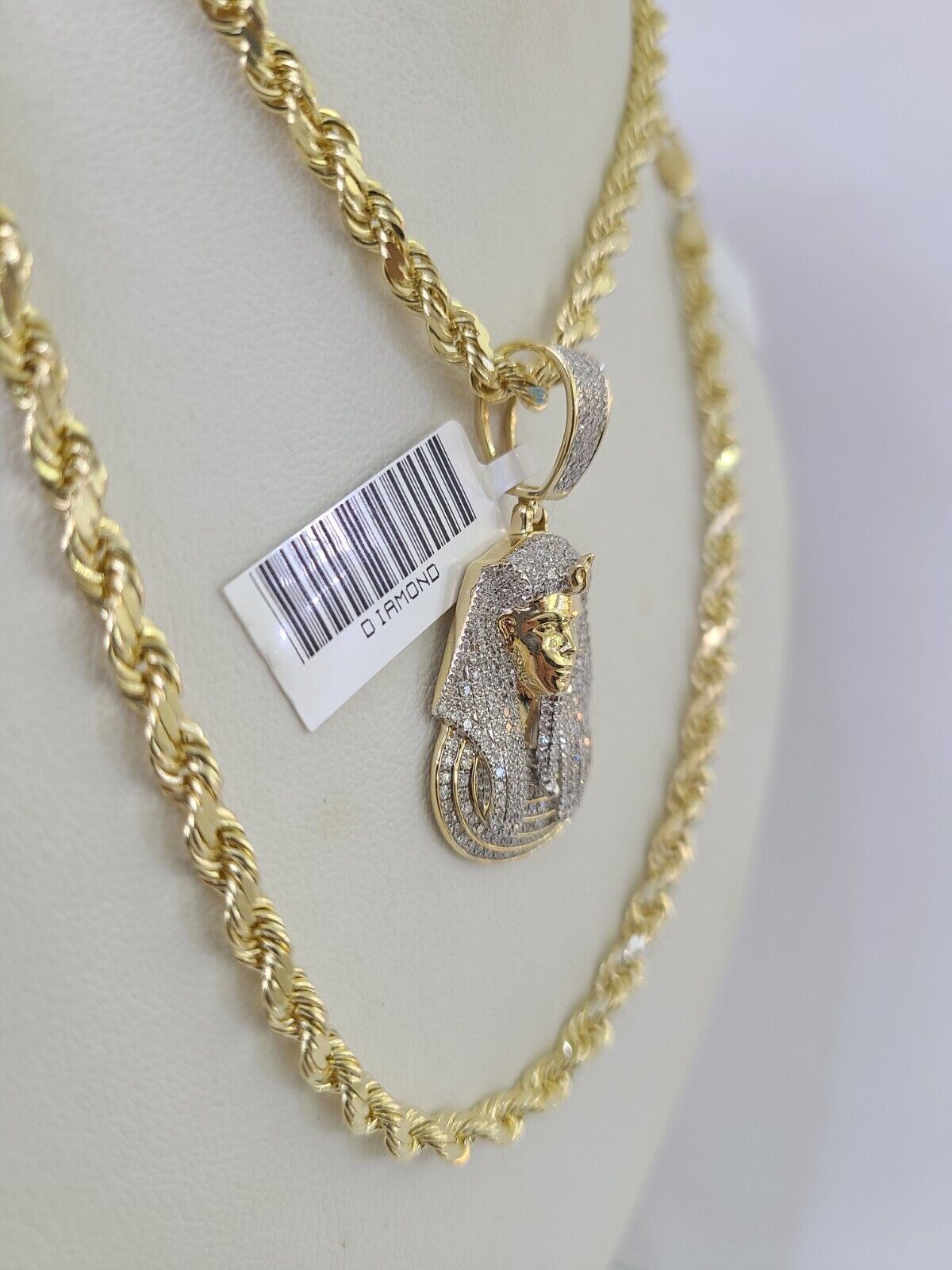 10k Solid Rope Chain Pharaoh Charm Diamond Set 4mm 20" - 28" Necklace Gold Yellow - GoldenlinQ