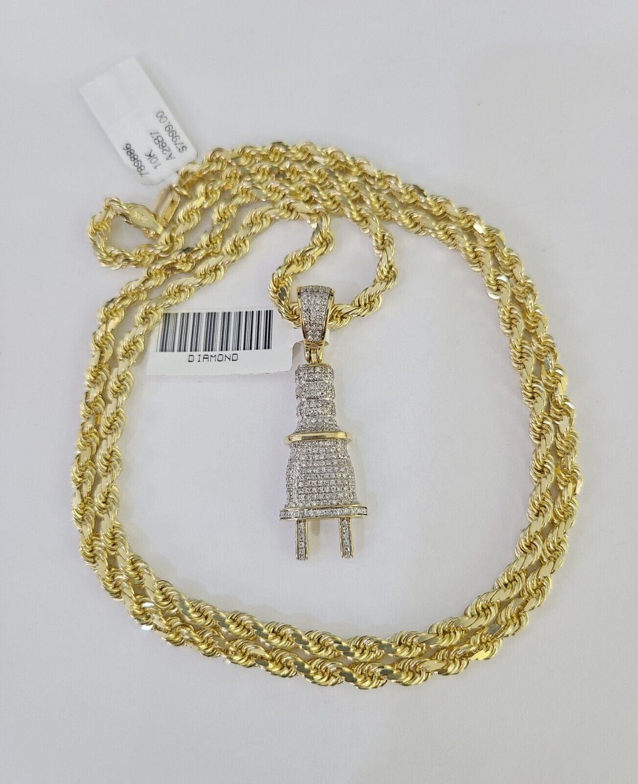10k Solid Rope Chain Plug Socket Charm Diamond Set 4mm 20" - 28" Necklace Gold - GoldenlinQ