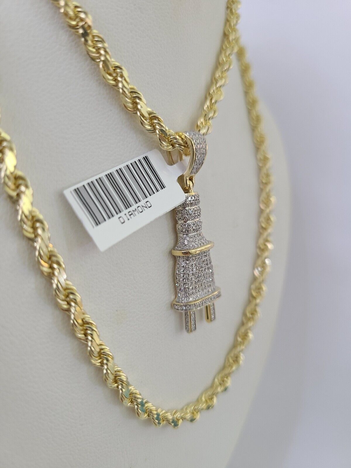 10k Solid Rope Chain Plug Socket Charm Diamond Set 4mm 20" - 28" Necklace Gold - GoldenlinQ