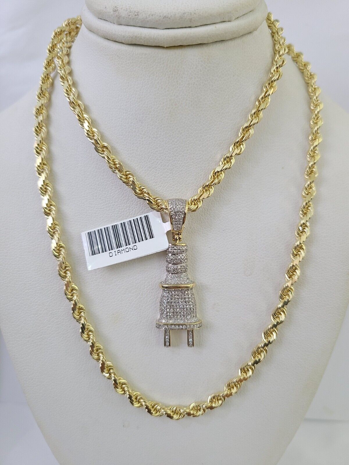 10k Solid Rope Chain Plug Socket Charm Diamond Set 4mm 20" - 28" Necklace Gold - GoldenlinQ
