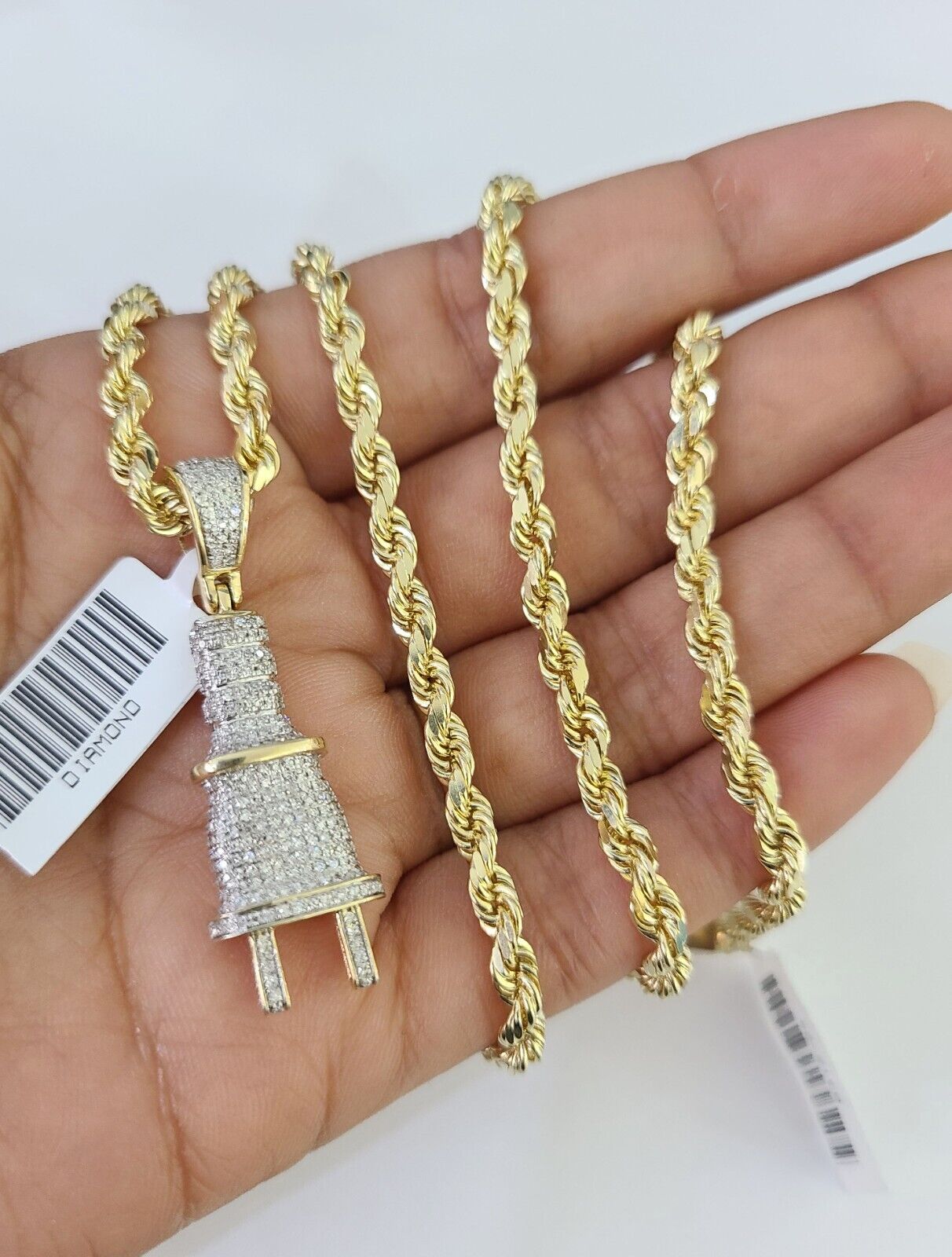 10k Solid Rope Chain Plug Socket Charm Diamond Set 4mm 20" - 28" Necklace Gold - GoldenlinQ
