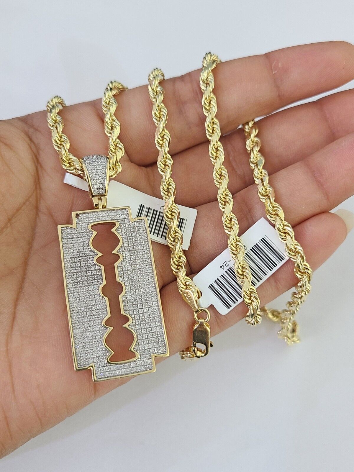 10k Solid Rope Chain Razor Blade Charm Diamond Set 4mm 20" - 28" Necklace Gold - GoldenlinQ