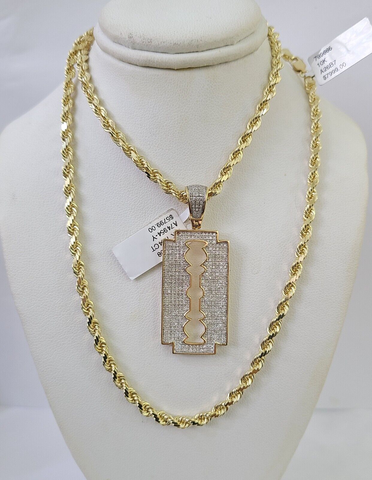 10k Solid Rope Chain Razor Blade Charm Diamond Set 4mm 20" - 28" Necklace Gold - GoldenlinQ