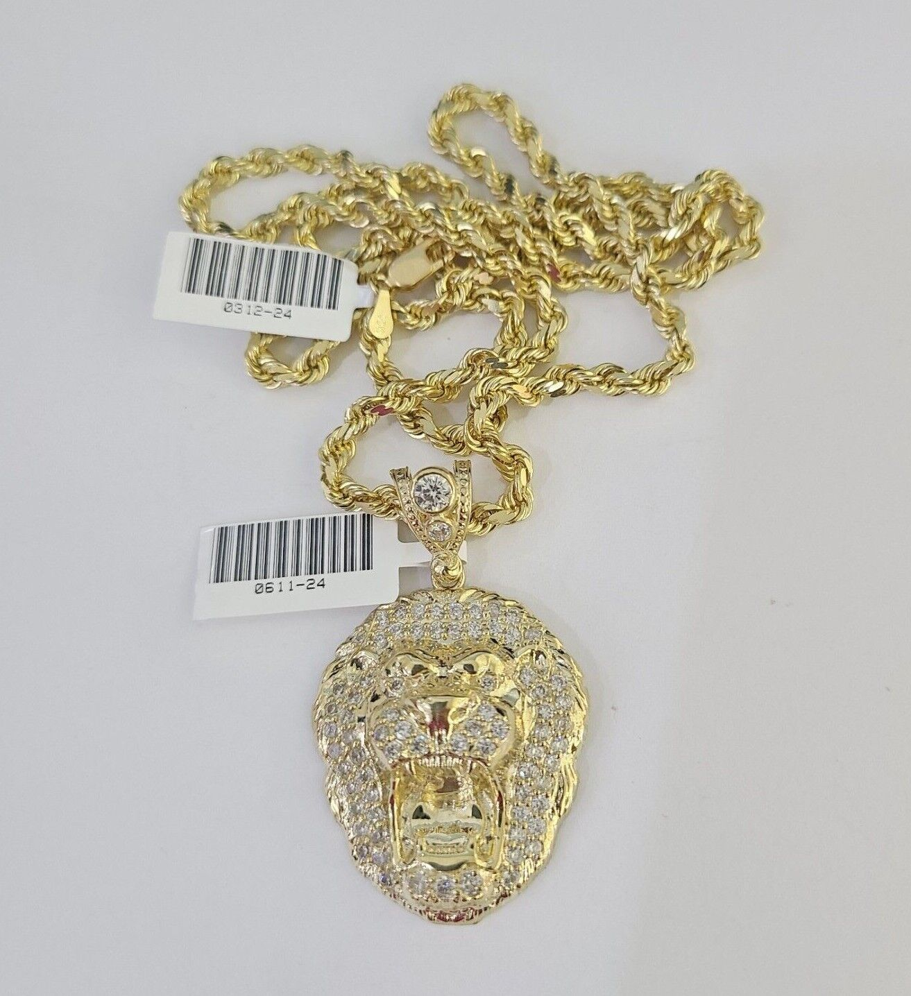 10k Solid Rope Chain Roaring Lion Charm Set 4mm 20" - 28" Necklace Gold Yellow - GoldenlinQ