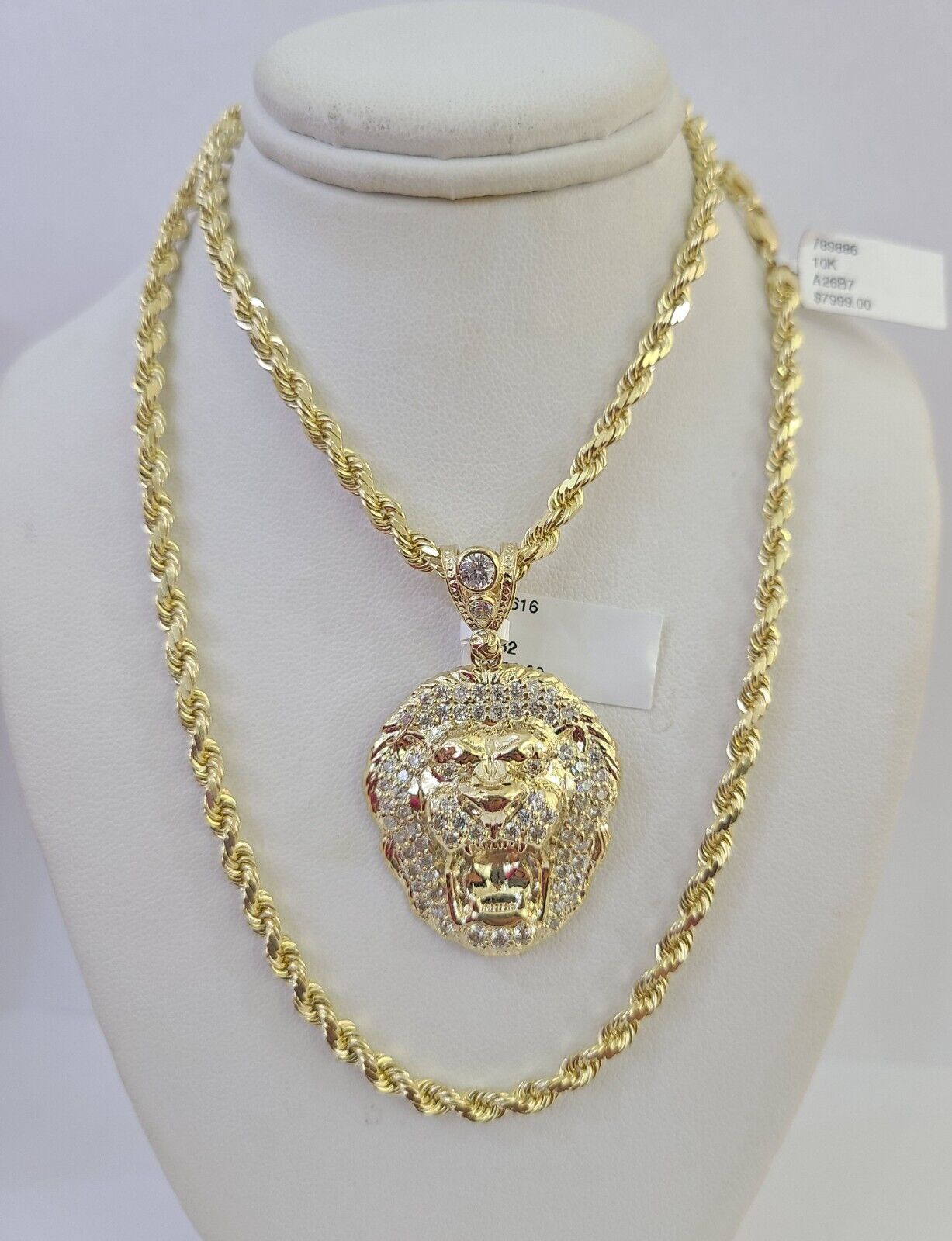 10k Solid Rope Chain Roaring Lion Charm Set 4mm 20" - 28" Necklace Gold Yellow - GoldenlinQ