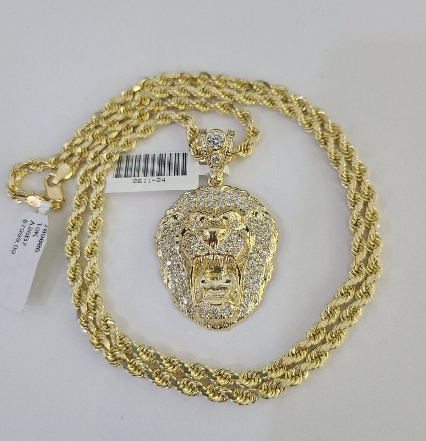 10k Solid Rope Chain Roaring Lion Charm Set 4mm 20" - 28" Necklace Gold Yellow - GoldenlinQ