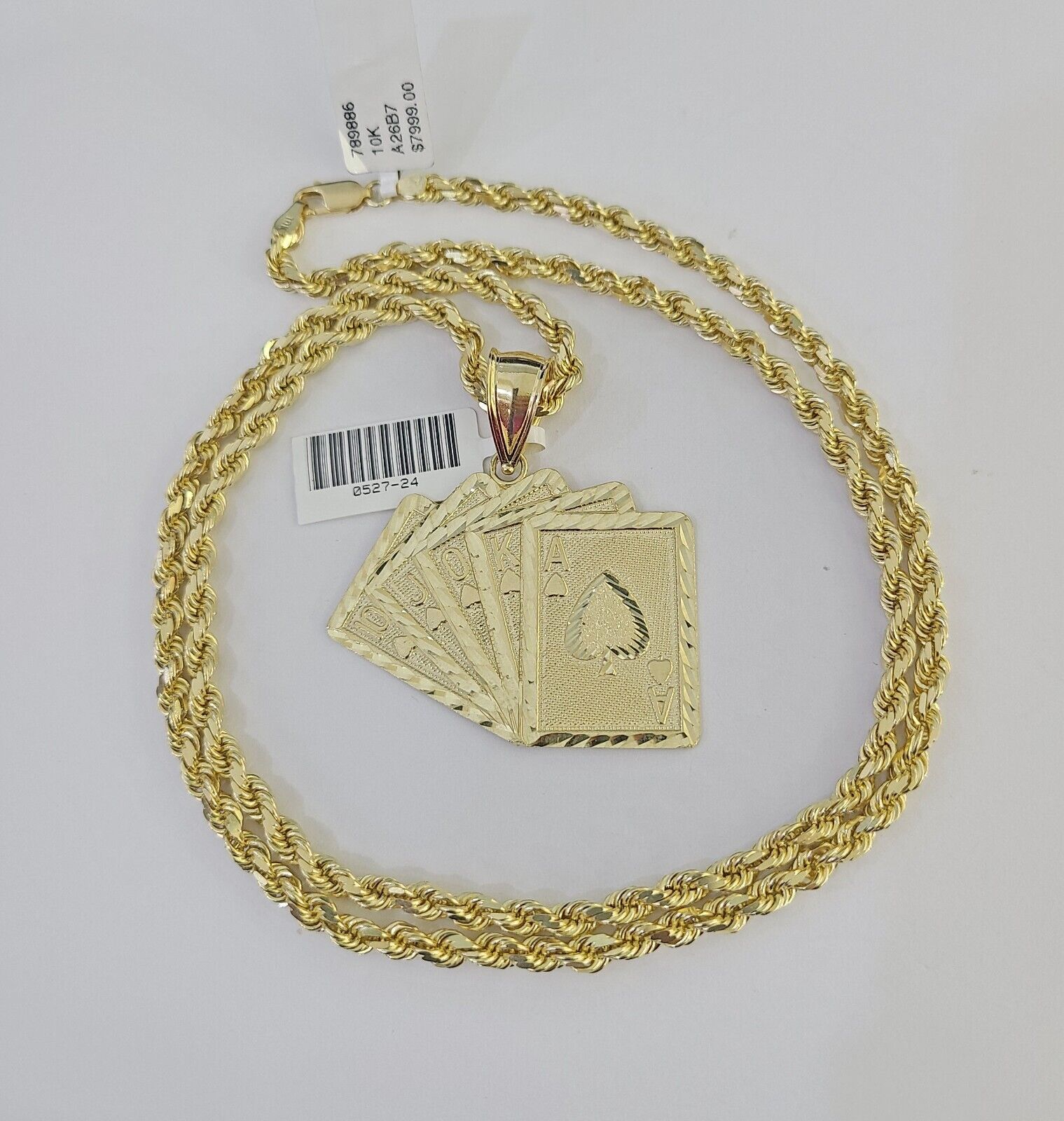 10k Solid Rope Chain Royal Flush Cards Charm Set 4mm 20" - 28" Necklace Gold - GoldenlinQ