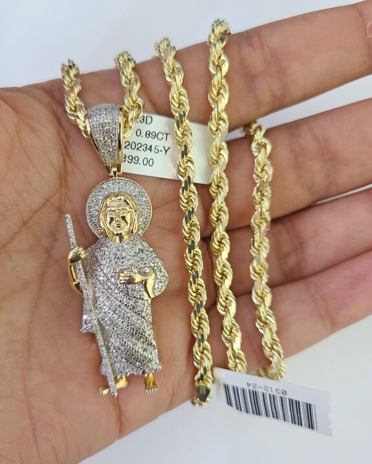 10k Solid Rope Chain Saint Jude Charm Diamond Set 4mm 20" - 28" Necklace Gold - GoldenlinQ