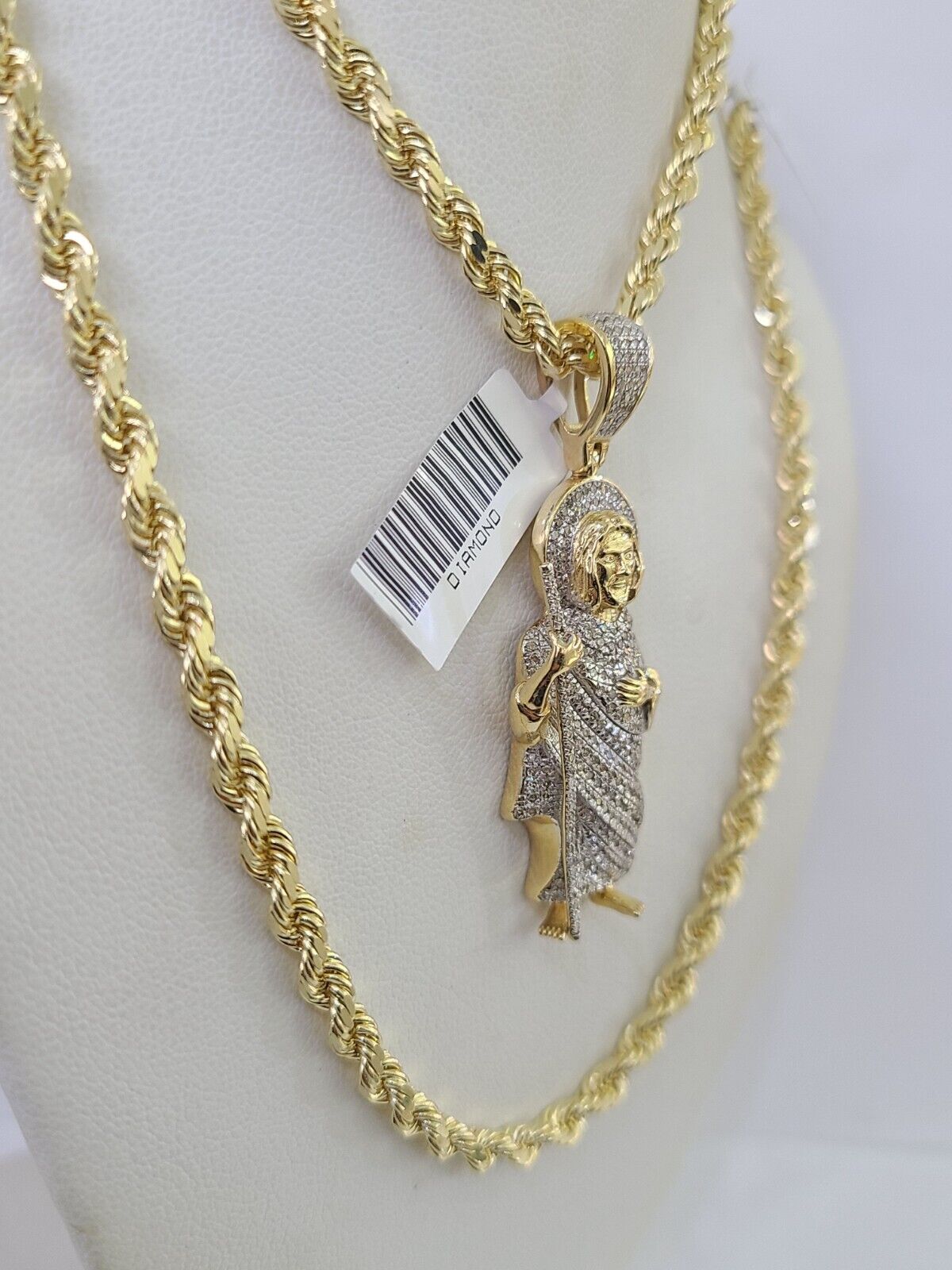 10k Solid Rope Chain Saint Jude Charm Diamond Set 4mm 20" - 28" Necklace Gold - GoldenlinQ