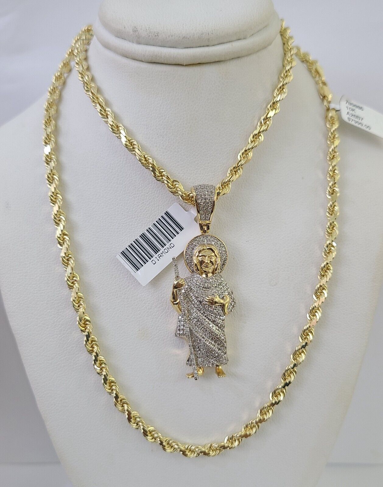 10k Solid Rope Chain Saint Jude Charm Diamond Set 4mm 20" - 28" Necklace Gold - GoldenlinQ