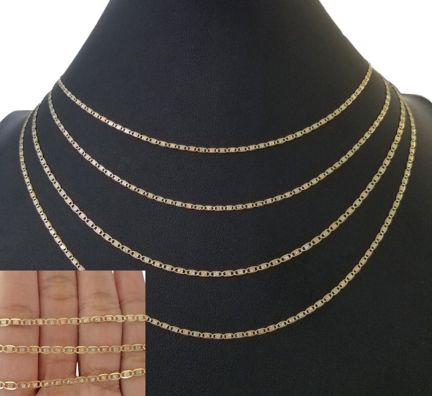 10K Trio Color Gold 2mm Valentino Mariner Anchor Chain Necklace 16" 20" 22" Inch - GoldenlinQ