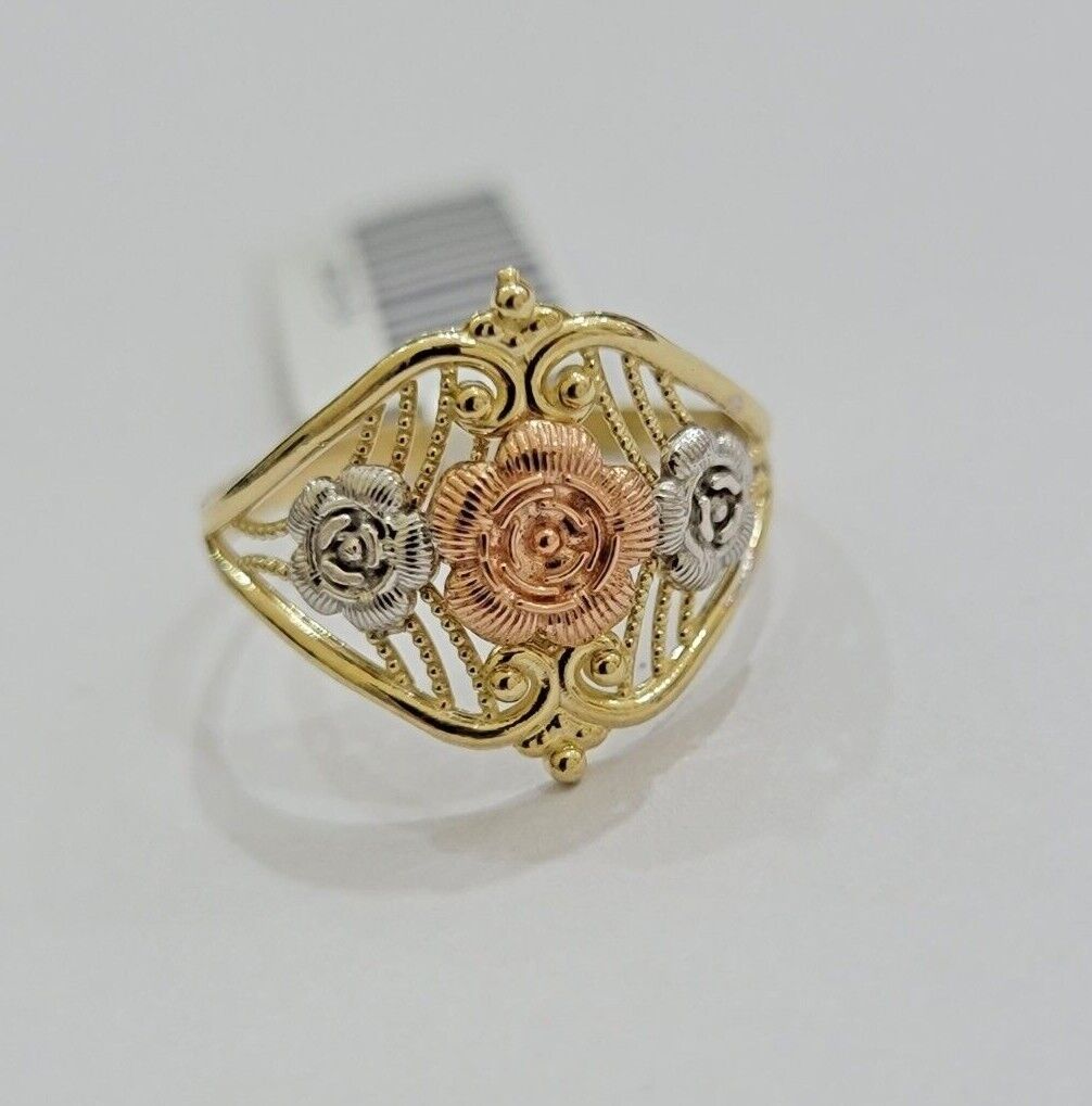 10k Trio Gold Lady Flower Ring Womens Casual Yellow Band Real 10kt Unique Design - GoldenlinQ