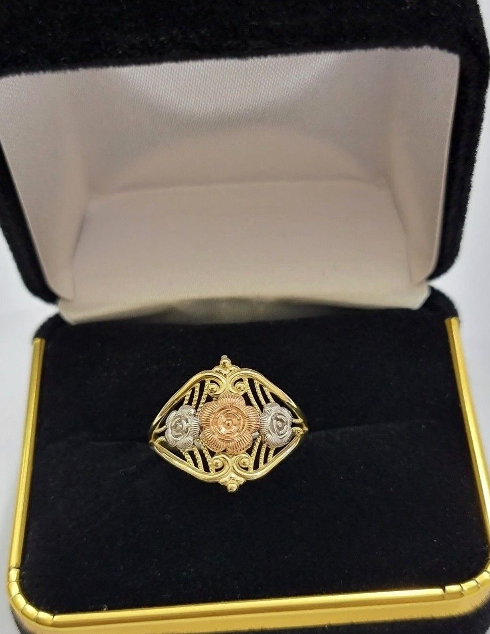 10k Trio Gold Lady Flower Ring Womens Casual Yellow Band Real 10kt Unique Design - GoldenlinQ