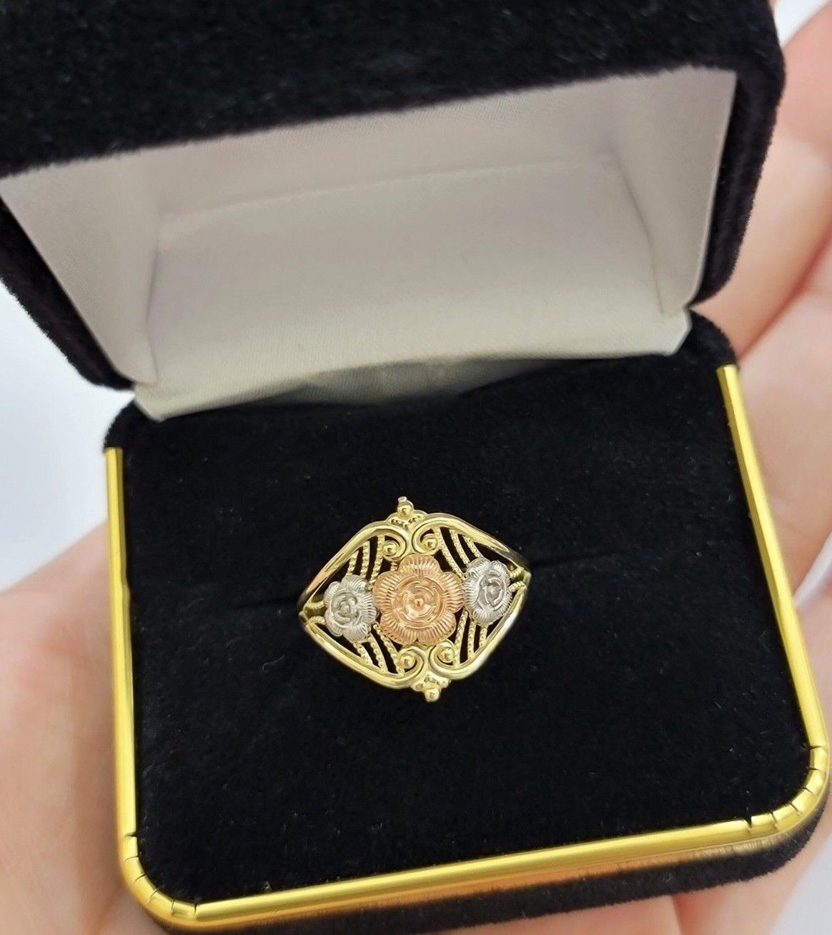 10k Trio Gold Lady Flower Ring Womens Casual Yellow Band Real 10kt Unique Design - GoldenlinQ