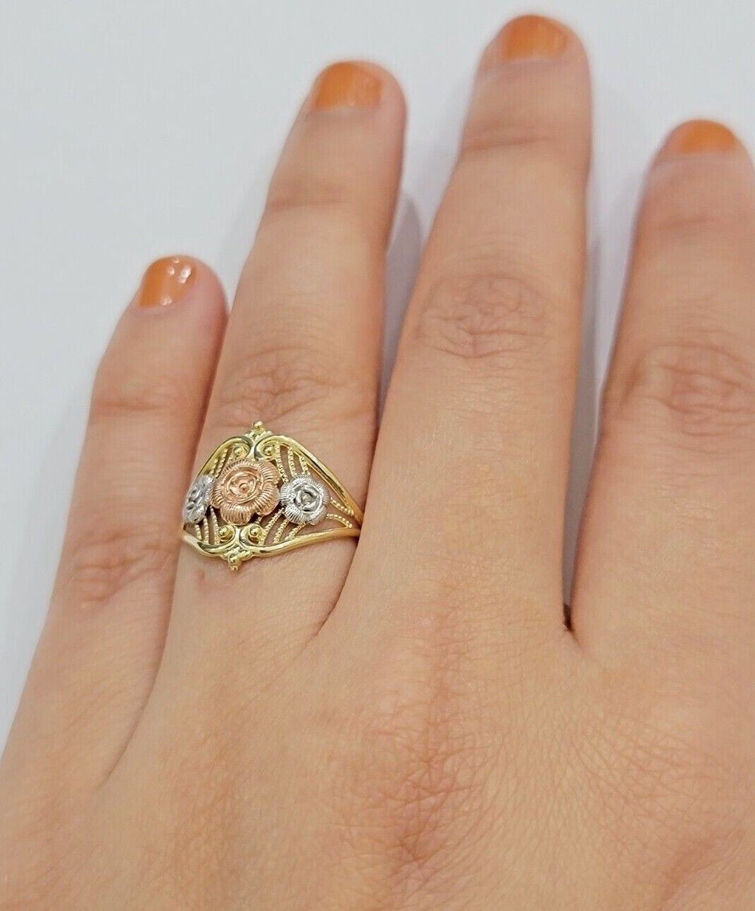 10k Trio Gold Lady Flower Ring Womens Casual Yellow Band Real 10kt Unique Design - GoldenlinQ