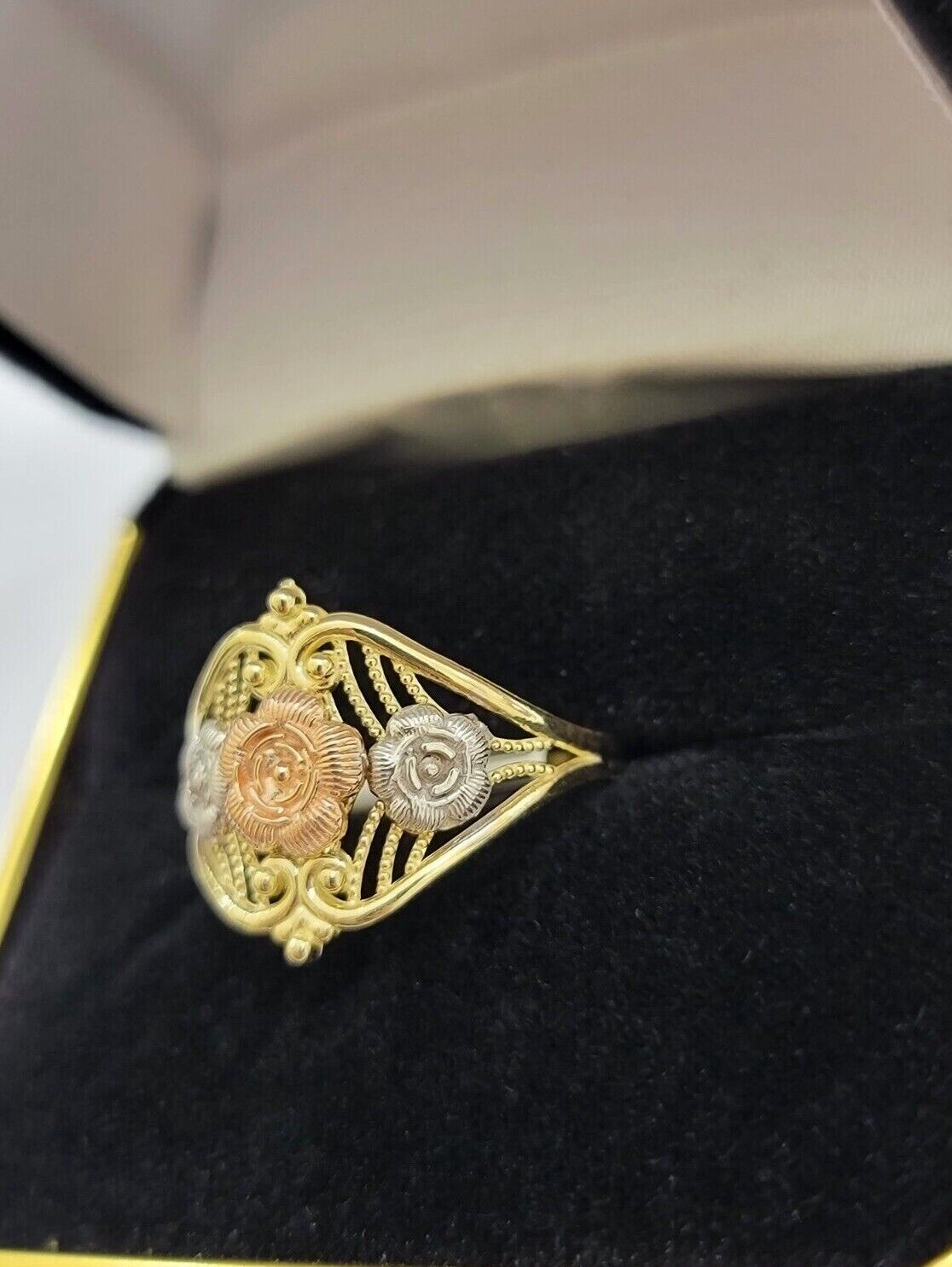 10k Trio Gold Lady Flower Ring Womens Casual Yellow Band Real 10kt Unique Design - GoldenlinQ