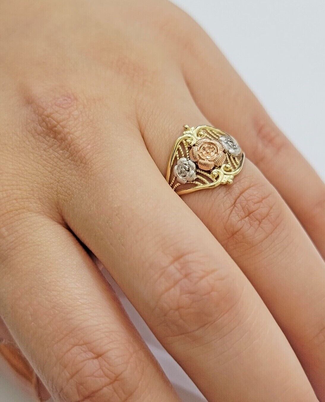 10k Trio Gold Lady Flower Ring Womens Casual Yellow Band Real 10kt Unique Design - GoldenlinQ