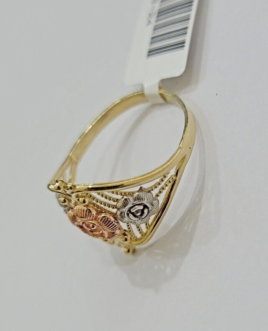 10k Trio Gold Lady Flower Ring Womens Casual Yellow Band Real 10kt Unique Design - GoldenlinQ