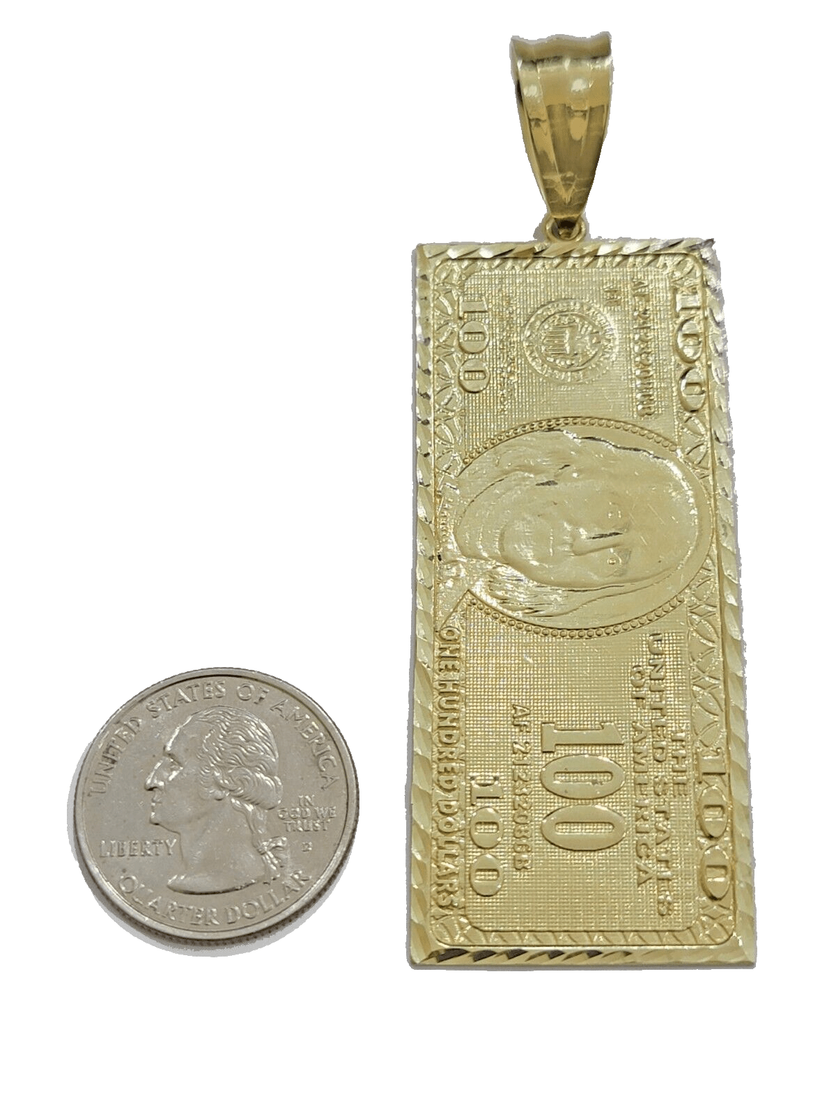 10k Yellow Gold 100 Dollar Bill Charm Pendant 3.5 Inch Necklace Chain SALE Real - GoldenlinQ