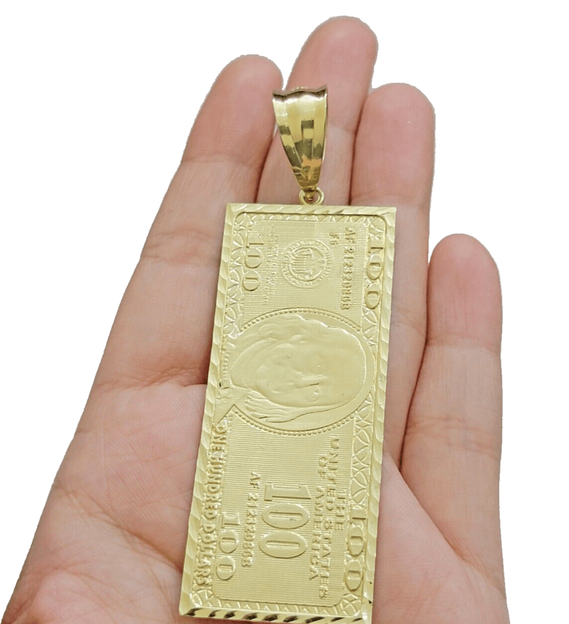 10k Yellow Gold 100 Dollar Bill Charm Pendant 3.5 Inch Necklace Chain SALE Real - GoldenlinQ