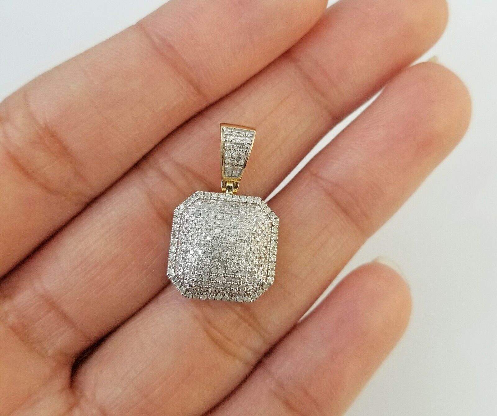 10K Yellow Gold 1/2 CT Real Diamond Pillow Charm 1"Inch Square 3D Dome Pendant - GoldenlinQ