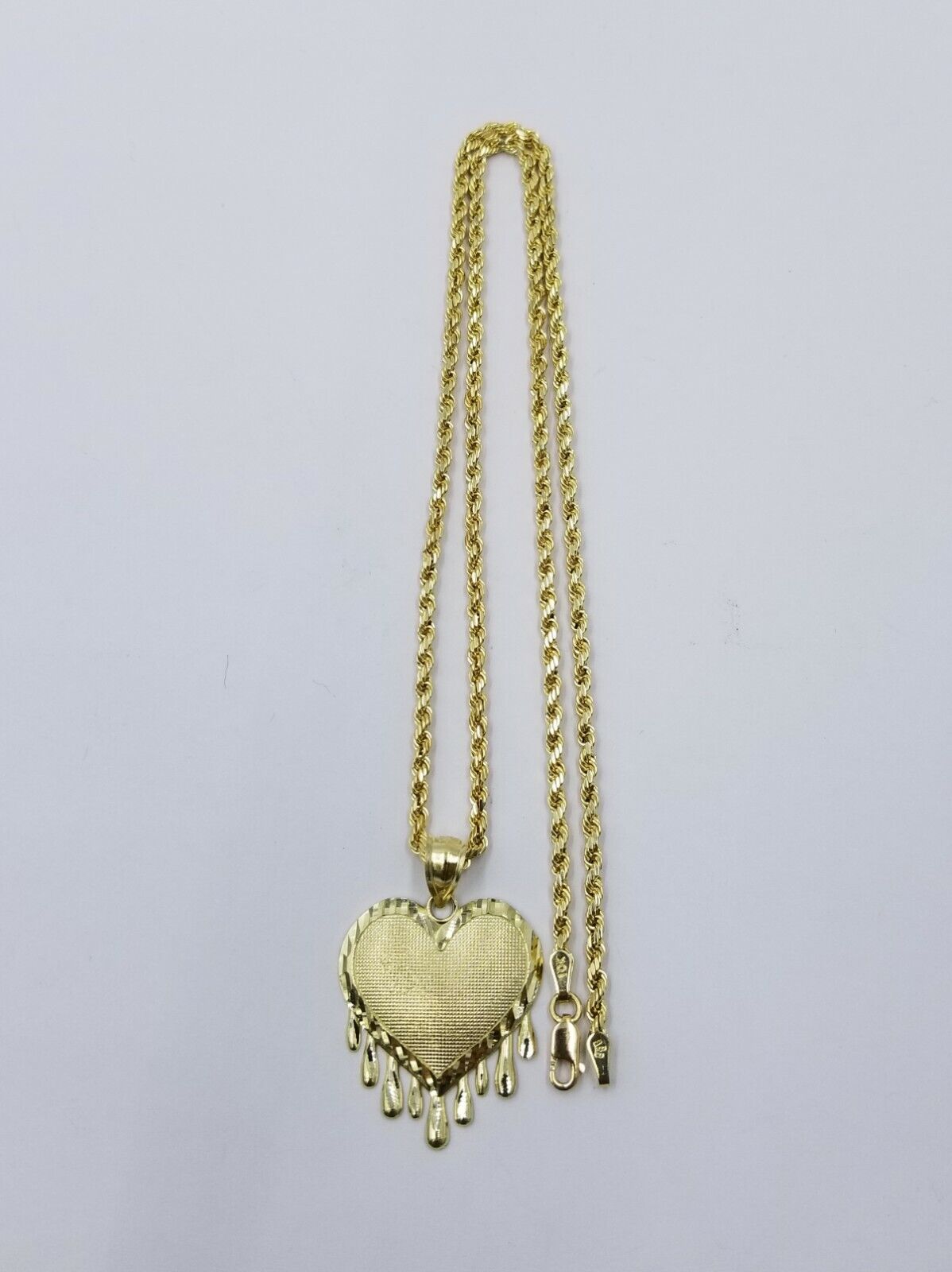 10k Yellow Gold 2.5mm Rope Chain Necklace Dripping Heart Diamond Cut Pendant - GoldenlinQ
