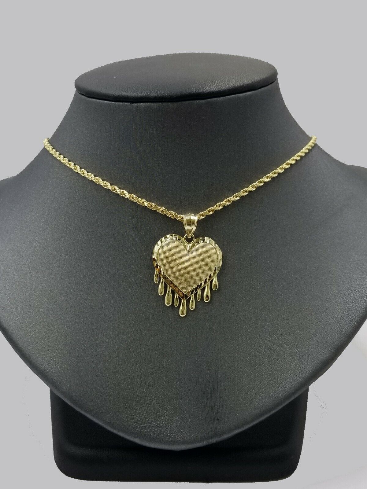 10k Yellow Gold 2.5mm Rope Chain Necklace Dripping Heart Diamond Cut Pendant - GoldenlinQ