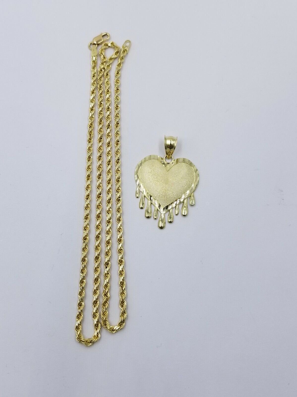10k Yellow Gold 2.5mm Rope Chain Necklace Dripping Heart Diamond Cut Pendant - GoldenlinQ