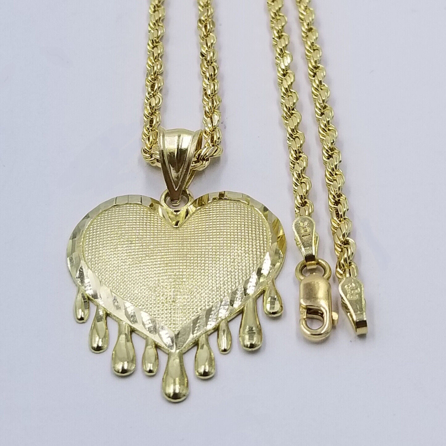 10k Yellow Gold 2.5mm Rope Chain Necklace Dripping Heart Diamond Cut Pendant - GoldenlinQ