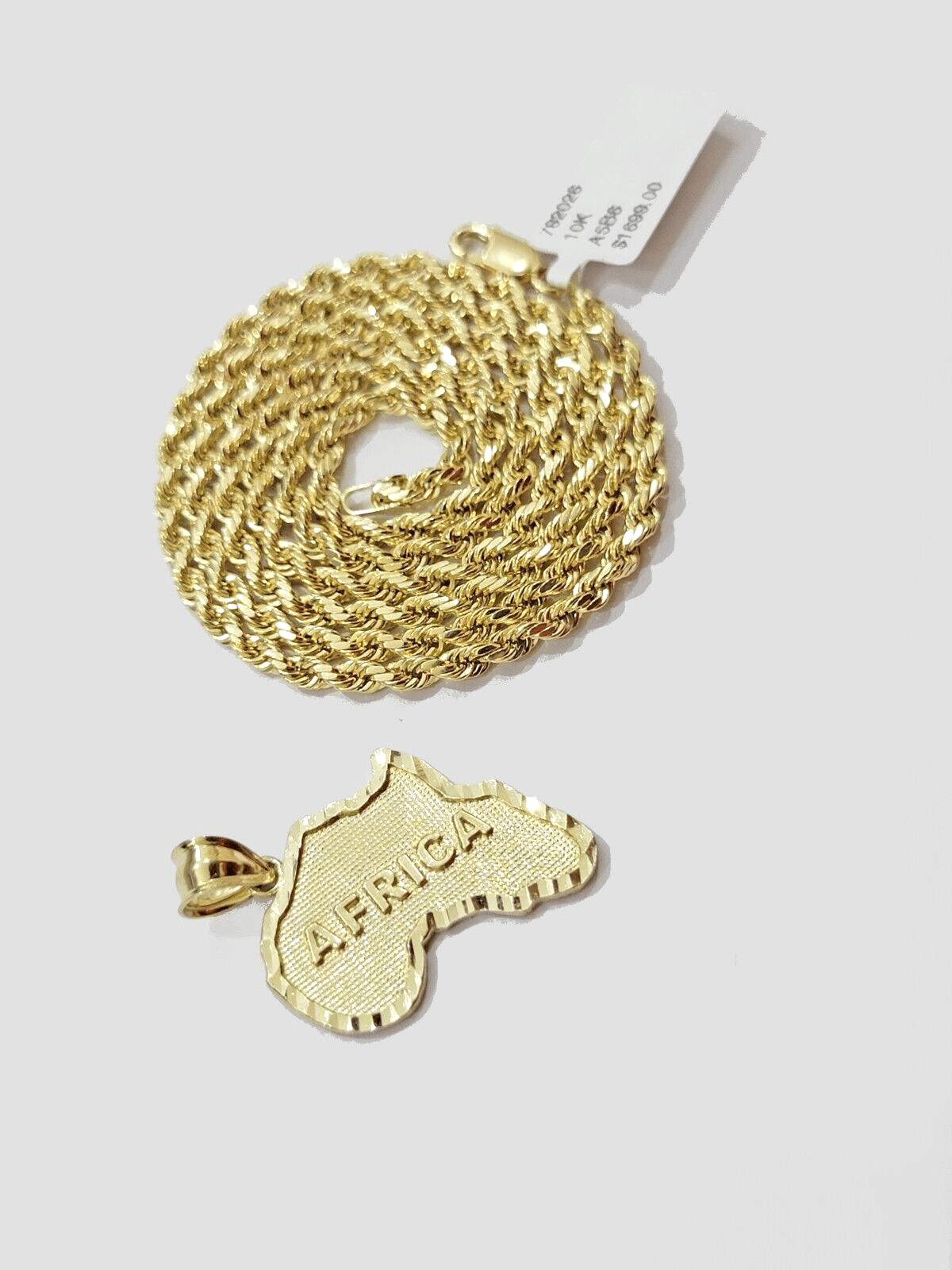 10k Yellow Gold Africa Map Charm Rope Chain 24 Inch Necklace Pendant SET SALE - GoldenlinQ