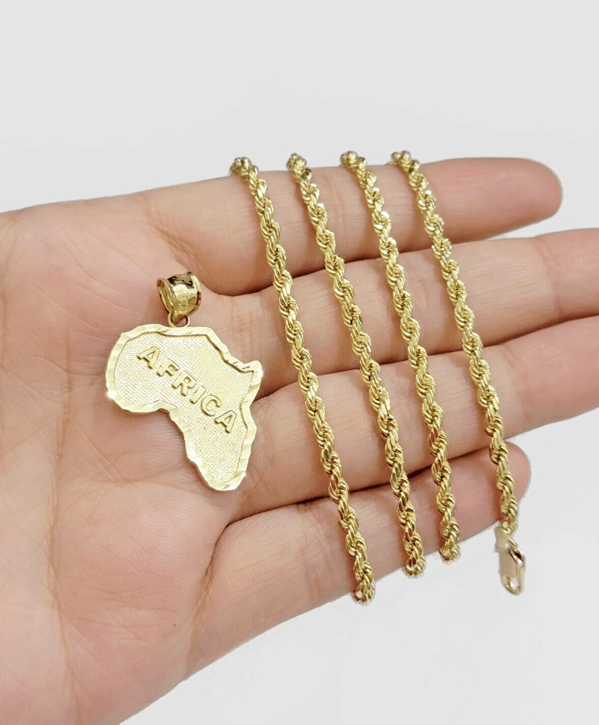 10k Yellow Gold Africa Map Charm Rope Chain 24 Inch Necklace Pendant SET SALE - GoldenlinQ