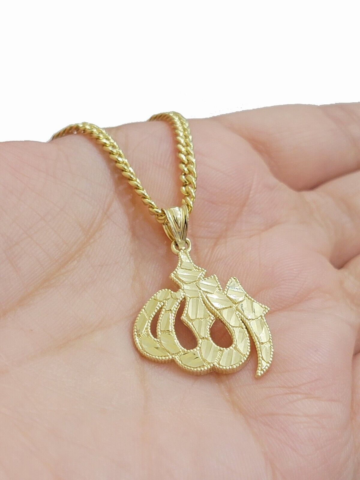10k Yellow Gold Allah Charm Miami Cuban Chain 18 Inch Necklace 10kt Pendant Real - GoldenlinQ