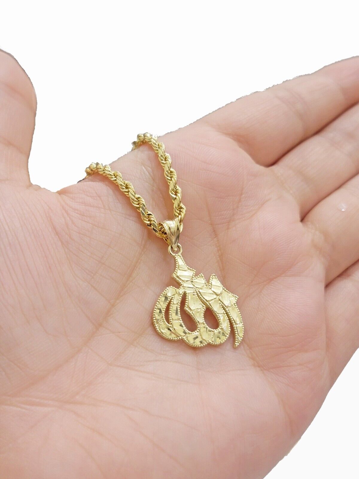 10k Yellow Gold Allah Charm Rope Chain 22 Inch Necklace 10kt Pendant Real SALE - GoldenlinQ