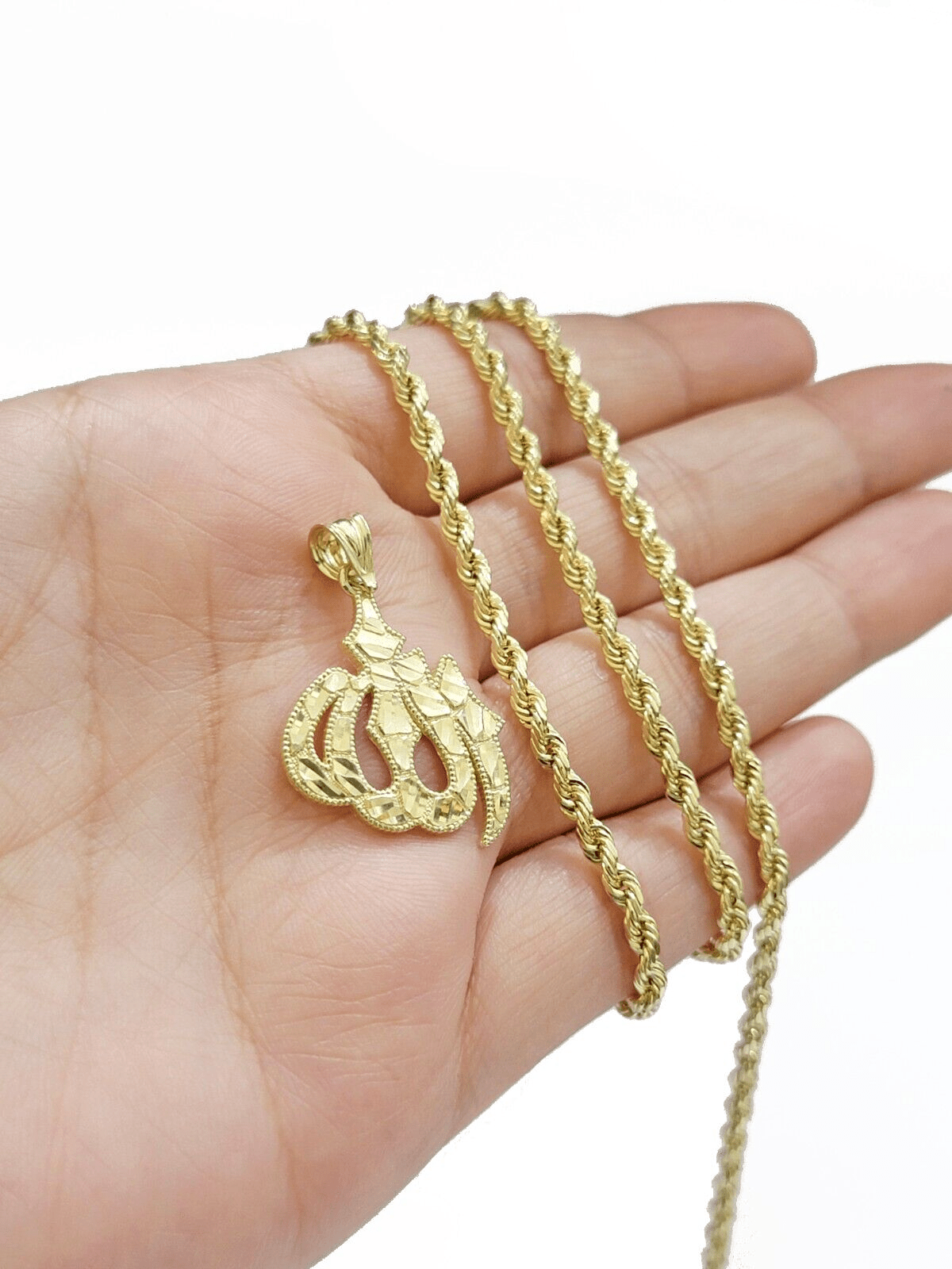 10k Yellow Gold Allah Charm Rope Chain 22 Inch Necklace 10kt Pendant Real SALE - GoldenlinQ