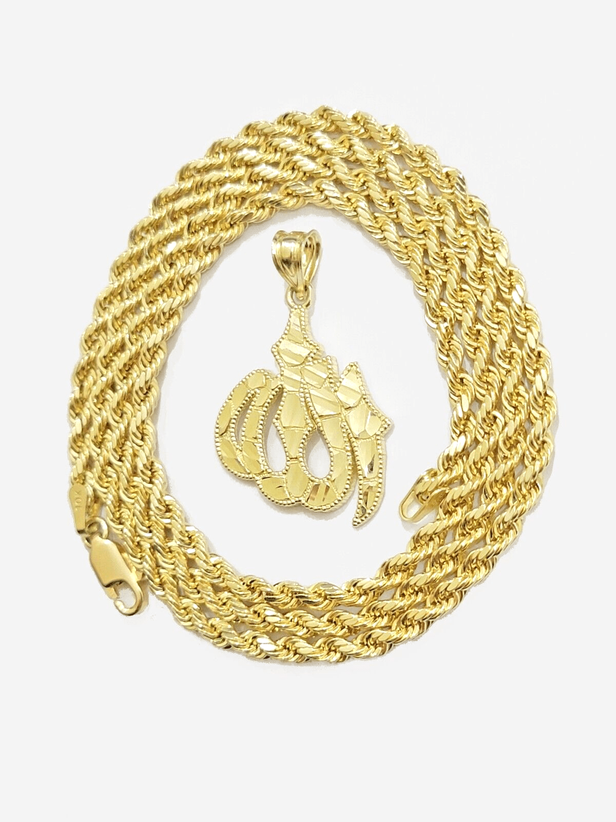 10k Yellow Gold Allah Charm Rope Chain 22 Inch Necklace 10kt Pendant Real SALE - GoldenlinQ