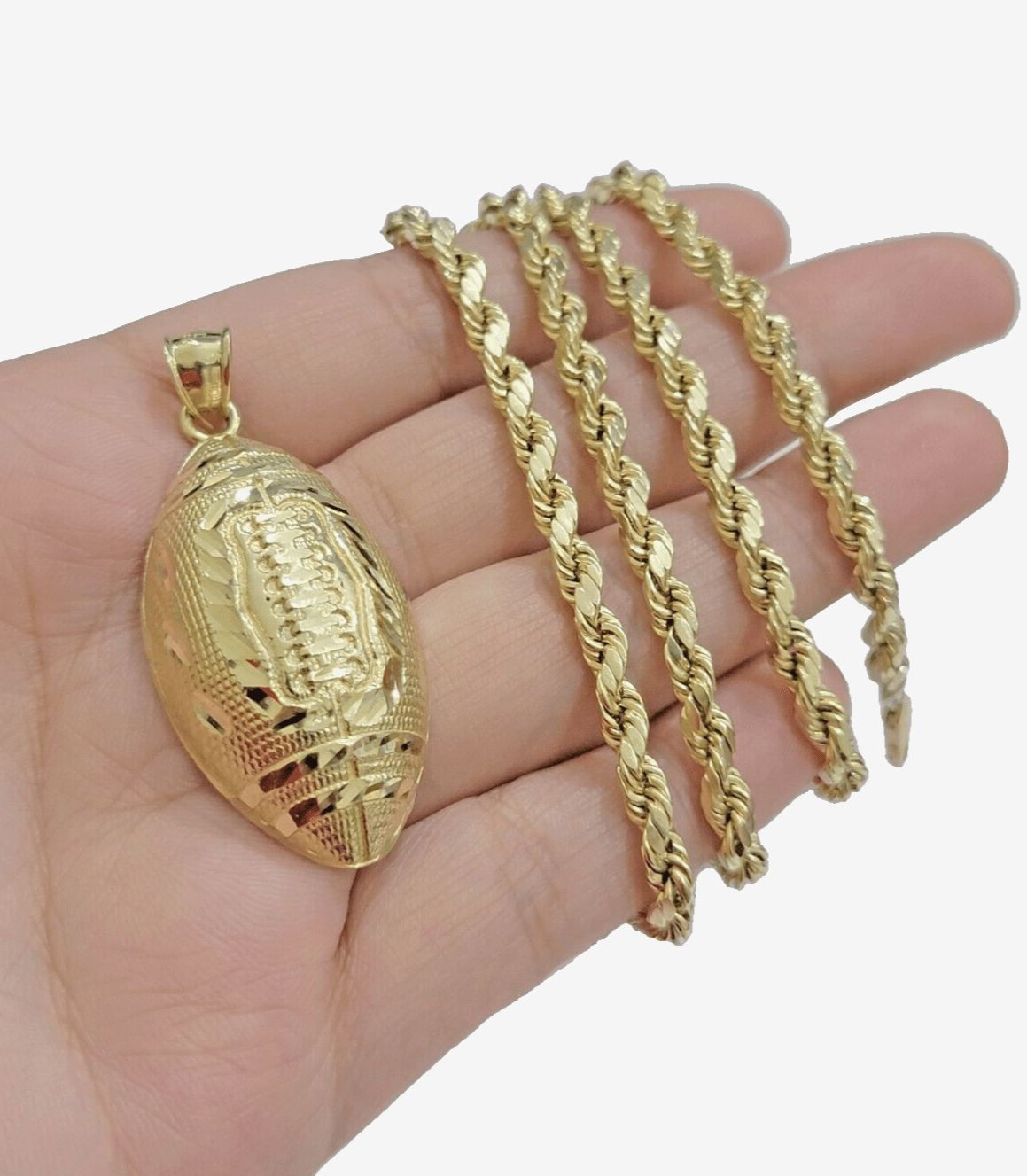 10k Yellow Gold American Football Charm Rope Chain 4mm 22 Inch Necklace Pendant - GoldenlinQ