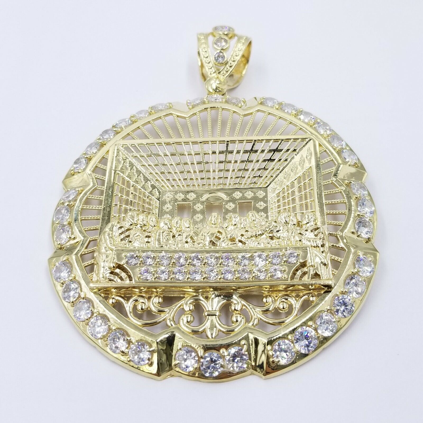 10k Yellow Gold Apostles Last Supper Round Pendant Diamond Cut Men 3.75" 75mm - GoldenlinQ