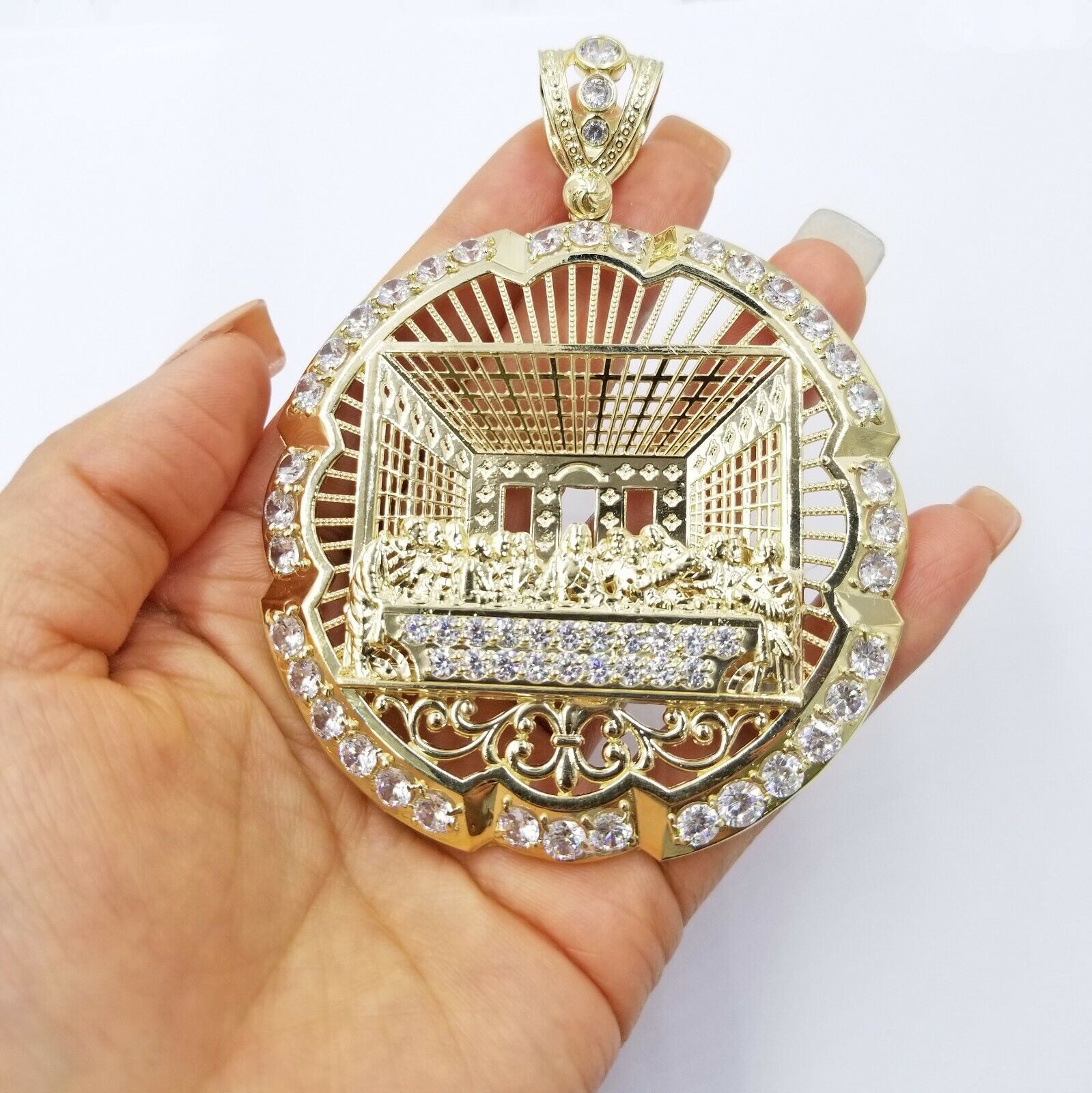 10k Yellow Gold Apostles Last Supper Round Pendant Diamond Cut Men 3.75" 75mm - GoldenlinQ