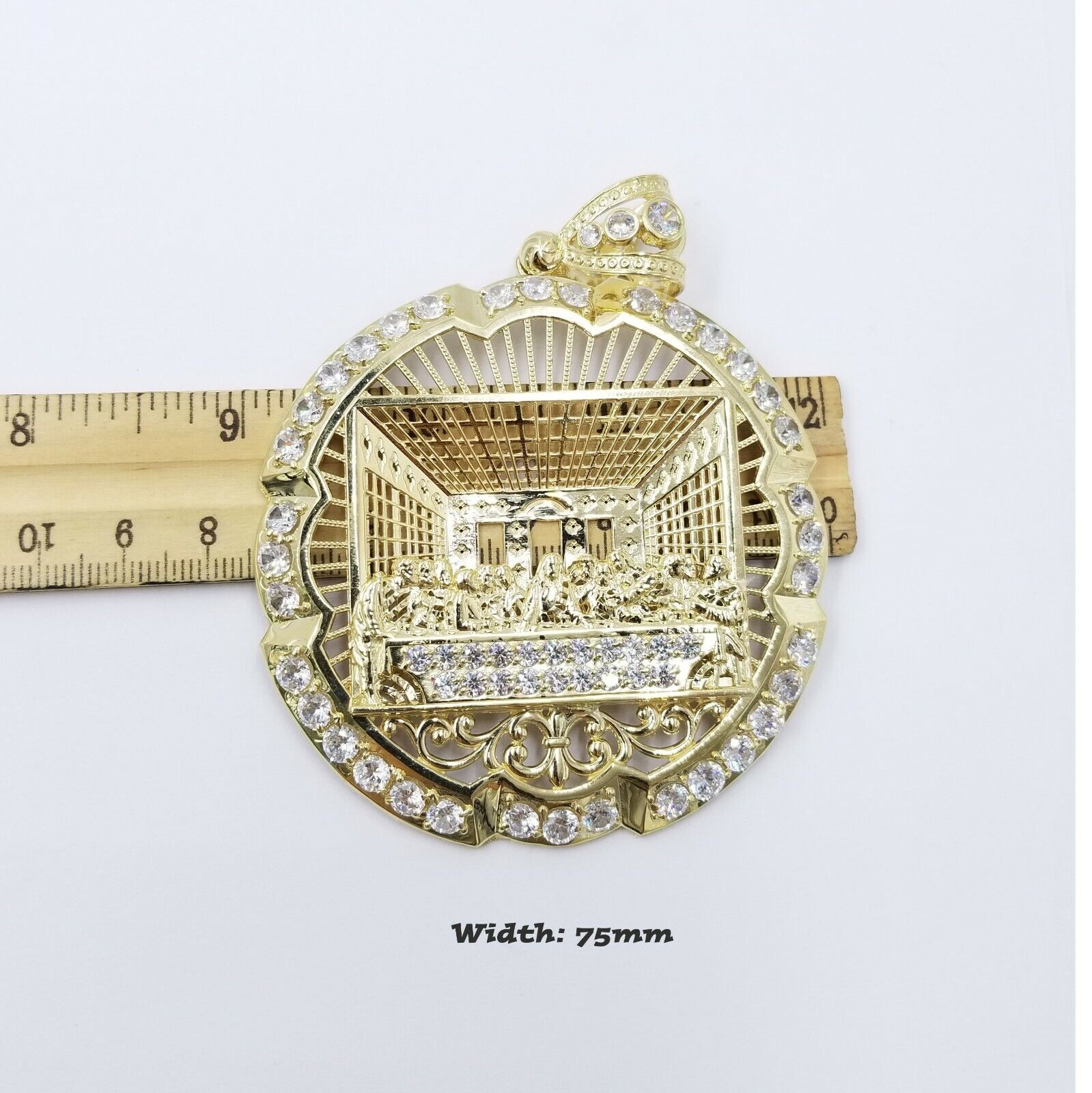 10k Yellow Gold Apostles Last Supper Round Pendant Diamond Cut Men 3.75" 75mm - GoldenlinQ
