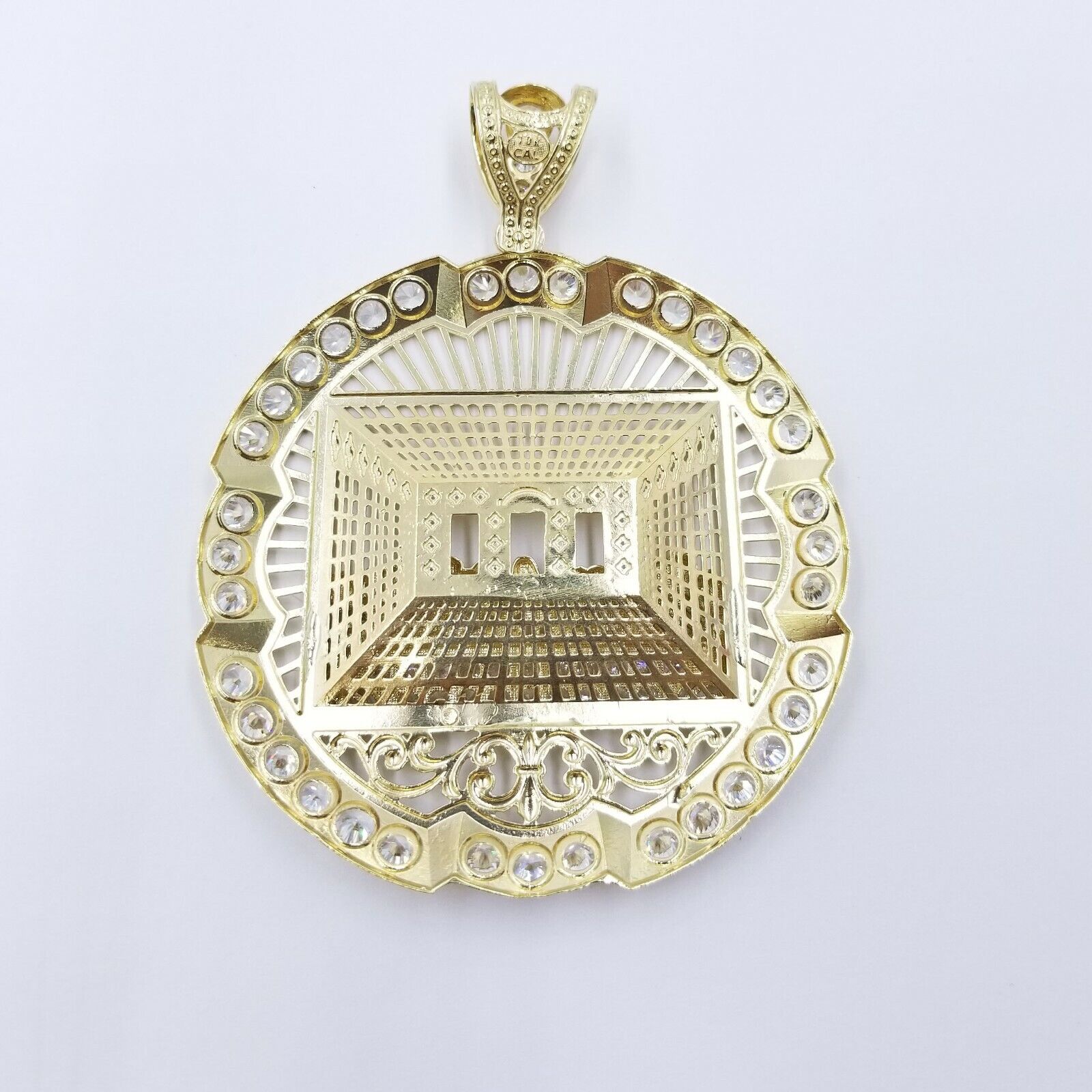 10k Yellow Gold Apostles Last Supper Round Pendant Diamond Cut Men 3.75" 75mm - GoldenlinQ