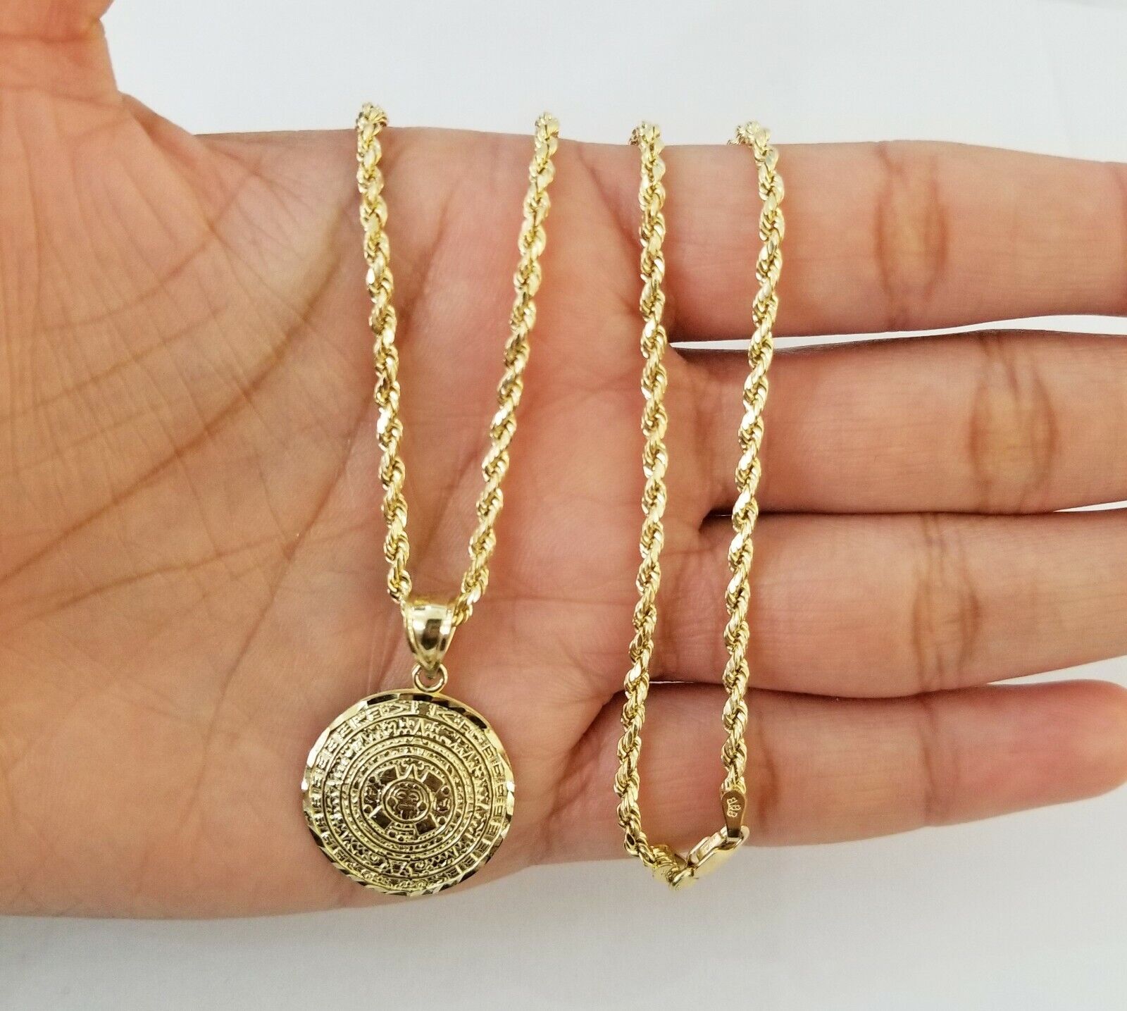 10k Yellow Gold Aztec Calendar charm 3mm rope chain Real Gold set - GoldenlinQ