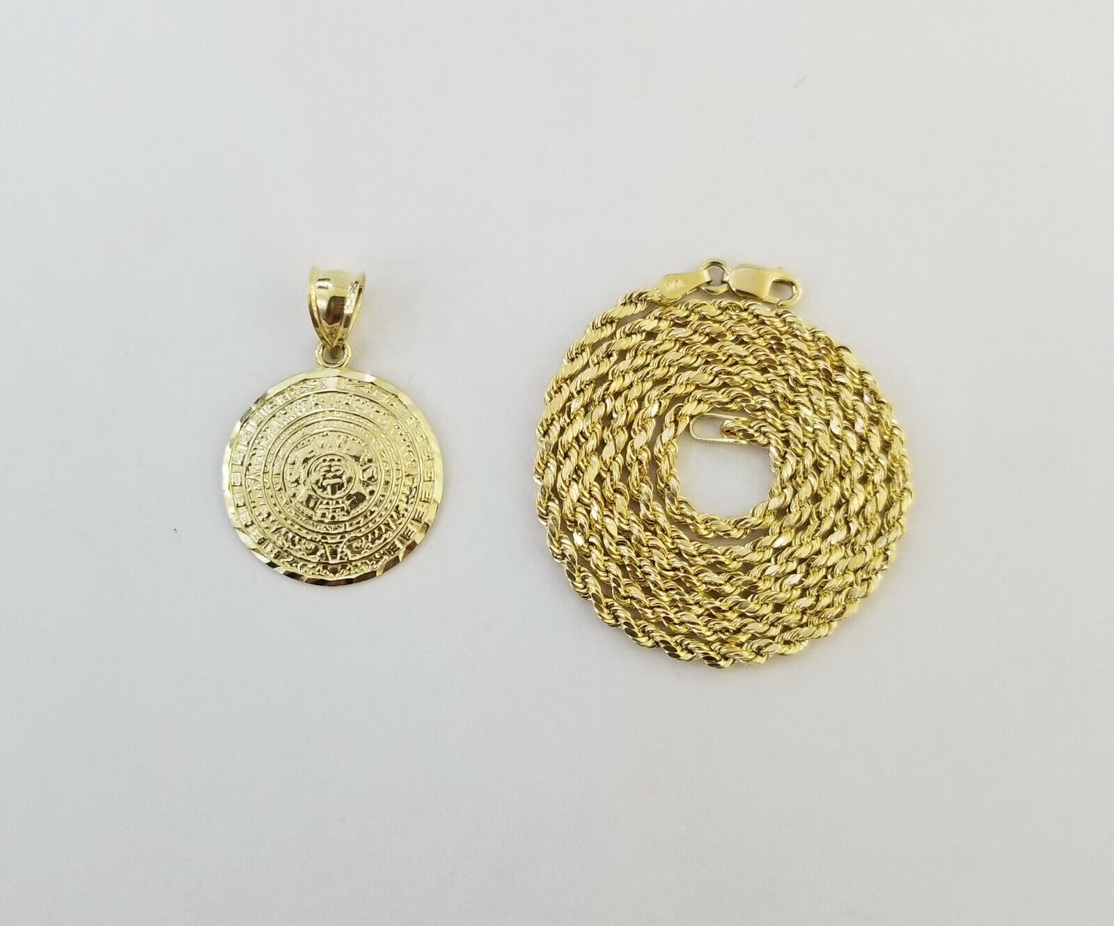 10k Yellow Gold Aztec Calendar charm 3mm rope chain Real Gold set - GoldenlinQ