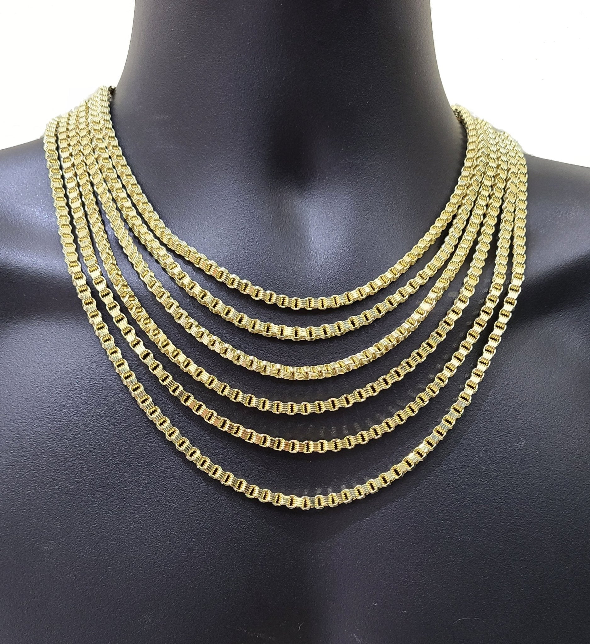10K Yellow Gold Box Byzantine Chain Necklace 18'' Inch 4mm Real 10kt Lobster Lock - GoldenlinQ