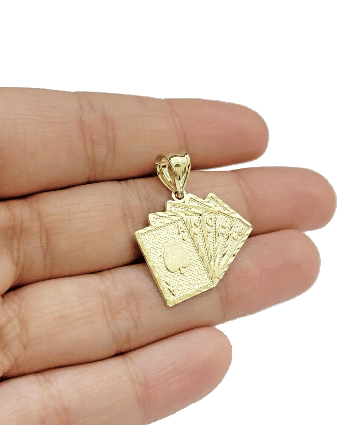 10k Yellow Gold Card Charm Royal Flush Pendant 1'' Necklace Chain SALE 10kt Real - GoldenlinQ
